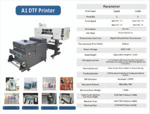 Specifications and product overview of the Best 60cm DTF Printer featuring dimensions, print speed, and application compatibility