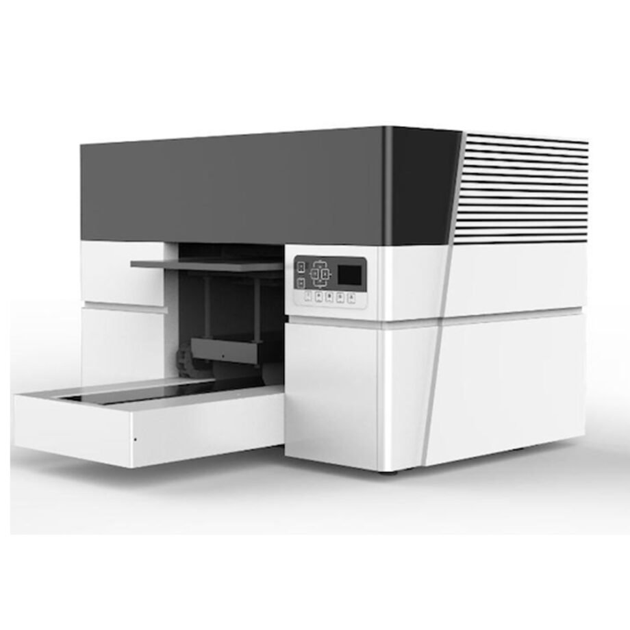 Side view of the High-Speed Cylinder UV Printer showing its robust structure and user-friendly control panel