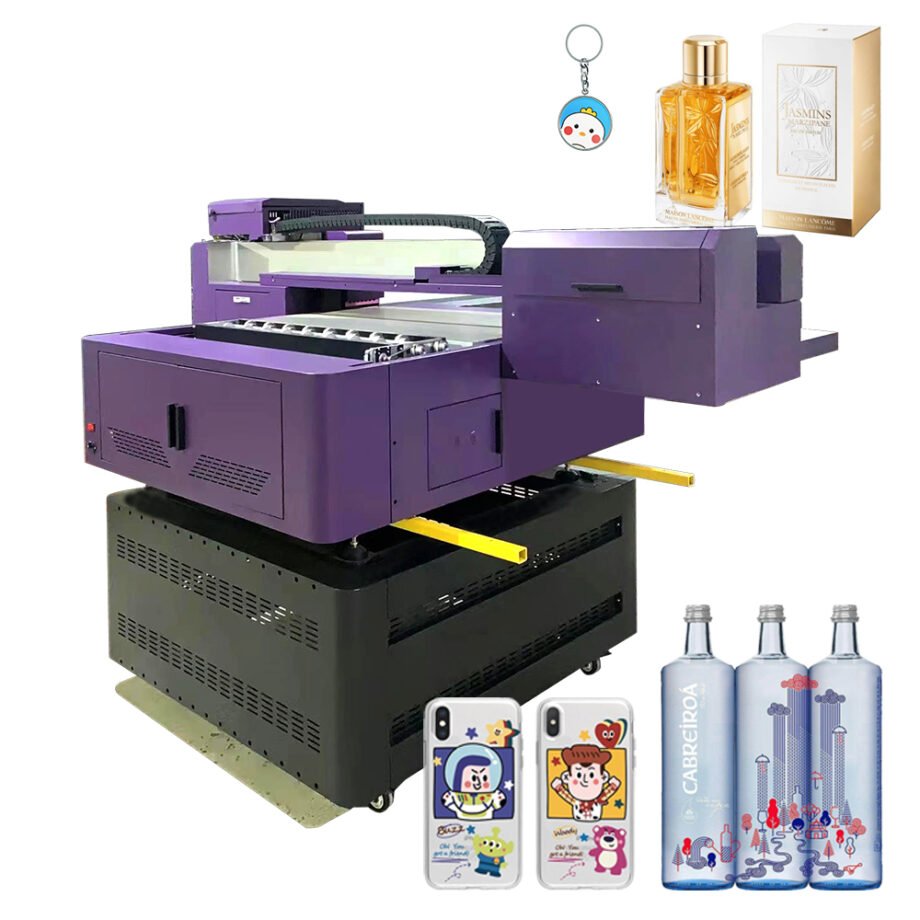 Multifunctional LED UV Flatbed Printer with vibrant print samples on phone cases, glass, and cylinders