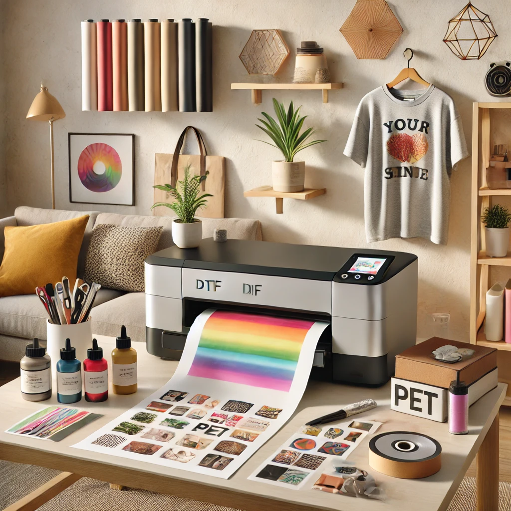 A beginner-friendly DTF printer on a clean desk, surrounded by PET film rolls, ink bottles, and vibrant printed products like T-shirts and tote bags, showcasing its versatility and ease of use for home businesses