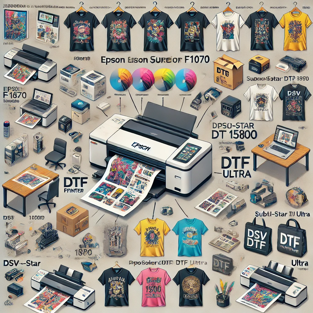 A visual guide showcasing the top DTF printers for beginners in 2024, including the Epson SureColor F1070, Procolored DTF L1800, Epson XP 15000, DSV L1800 A3, and Subli-Star DTF-A3 Ultra, with descriptions of each printer's key features and ideal use cases for small businesses and home-based startups.