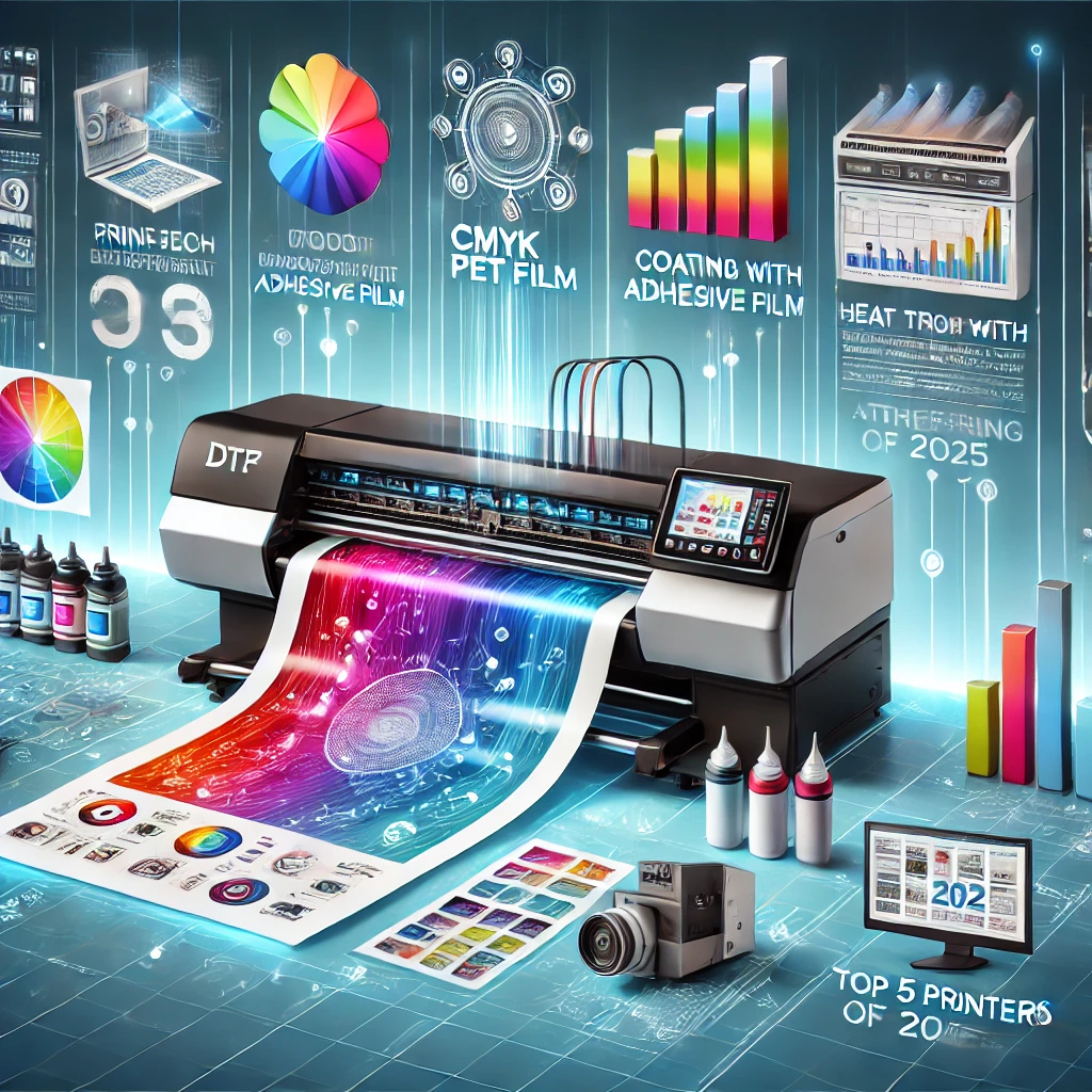 A modern illustration showing a DTF printer in action, printing a vibrant design onto PET film, accompanied by icons detailing the DTF process steps and a sidebar listing top DTF printer recommendations for 2025.