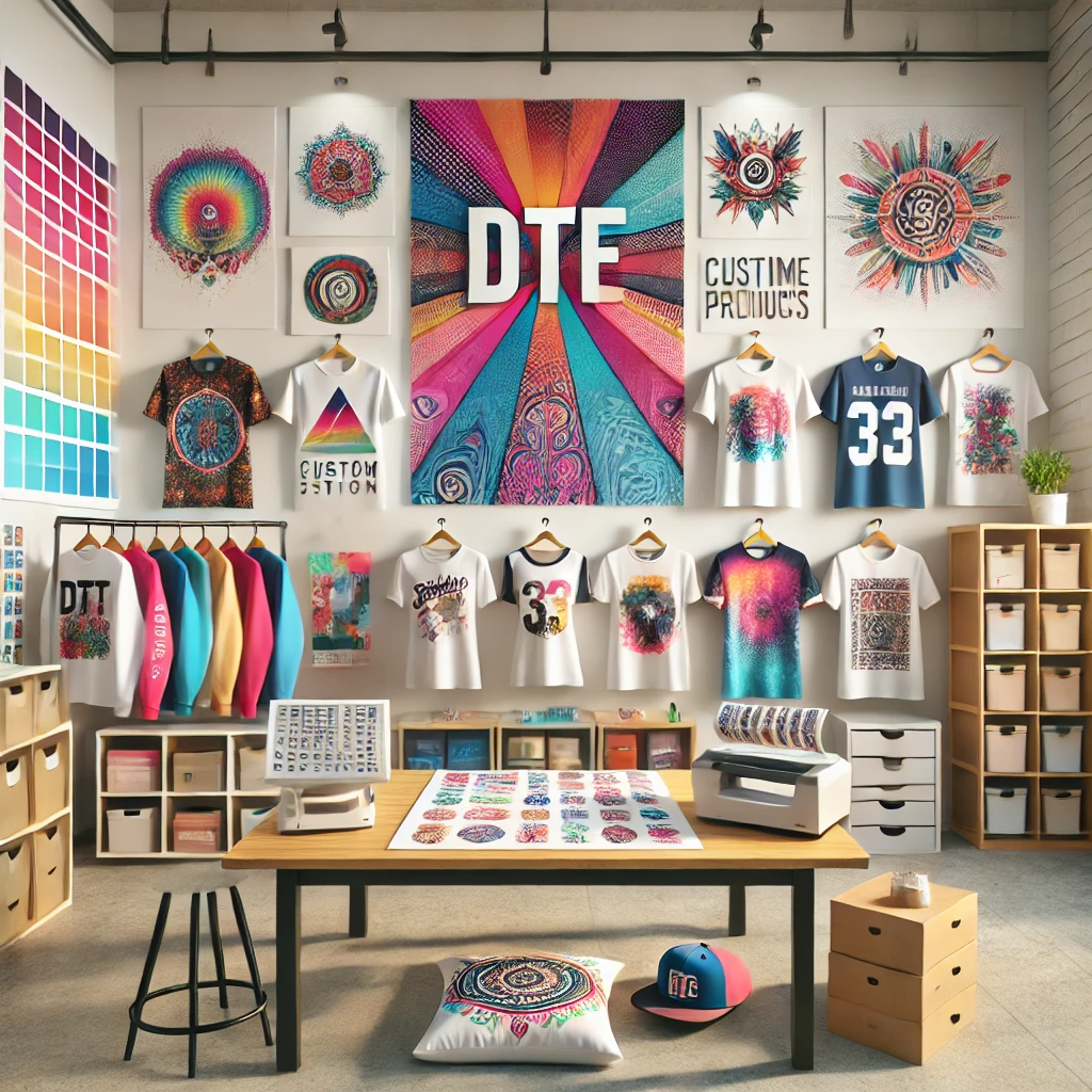 Various DTF printing applications showcasing custom t-shirts, sportswear, home decor items, bags, hats, and more, demonstrating the versatility and multifunctionality of Direct to Film printing technology.