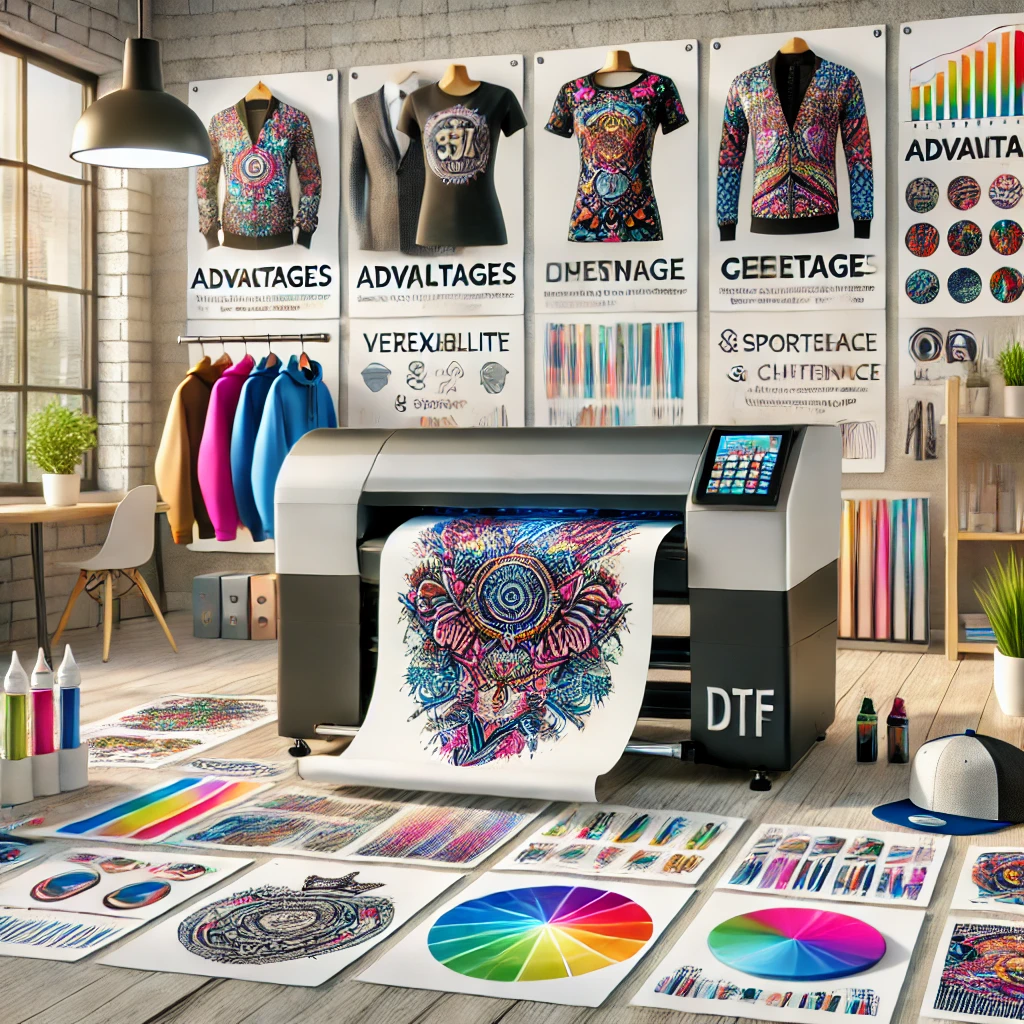 DTF printing equipment and process, showcasing high-quality custom prints on t-shirts, hats, accessories, and hard materials, highlighting the versatility and benefits of Direct to Film printing technology