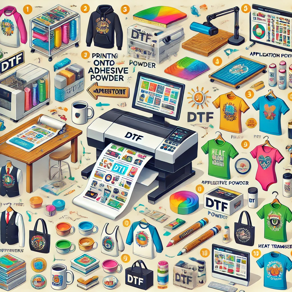 An infographic showing the comprehensive DTF printing process from design creation to transfer, including applications for custom apparel, promotional items, home decor, and sportswear. The image illustrates the versatility and benefits of DTF printing technology for businesses in 2025