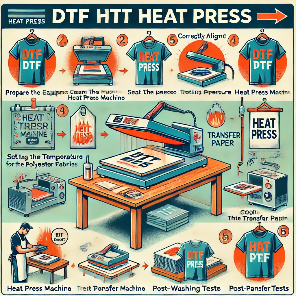 A step-by-step illustration of the DTF heat pressing process, showing the preparation of equipment, temperature and pressure settings for different fabrics, correct placement of transfer paper on fabric, heat press application, cooling, inspecting the transfer, and post-pressing tips for durable and high-quality prints.