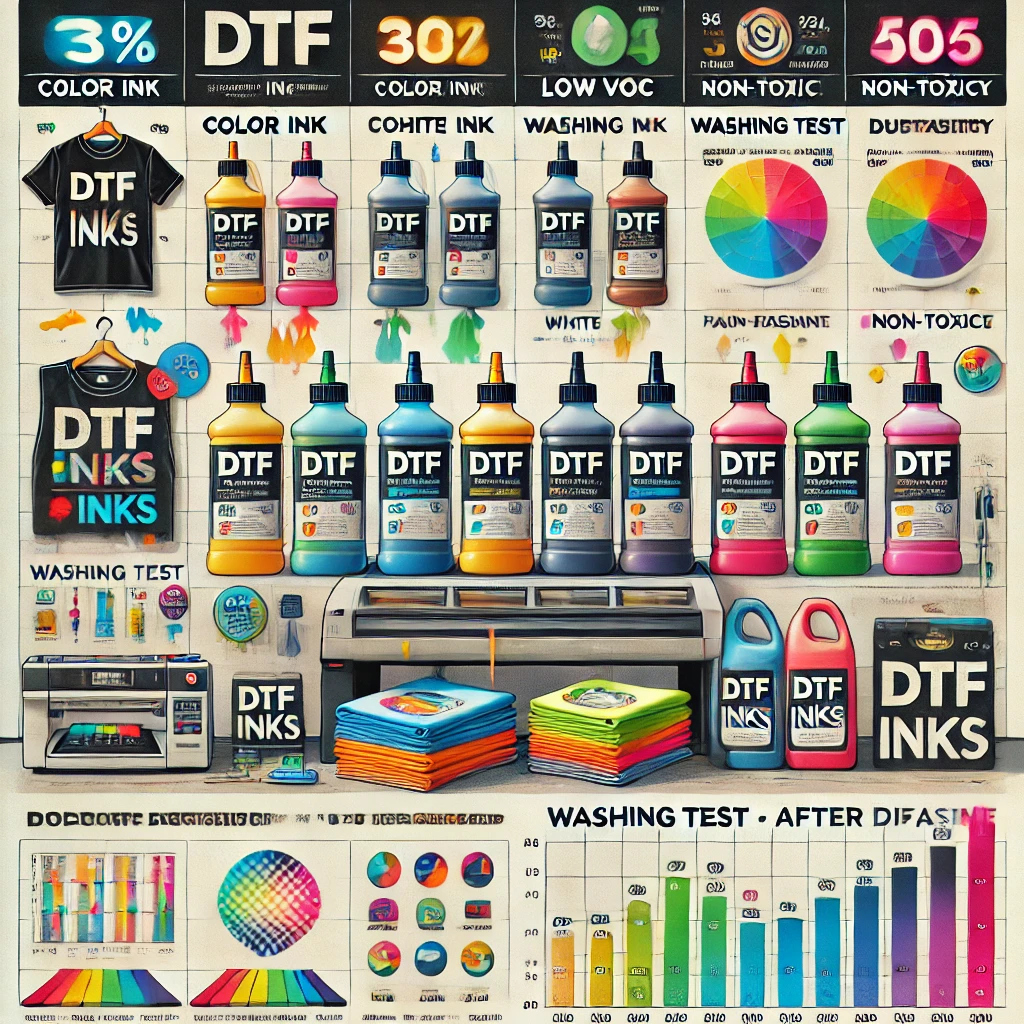 A comparison image of different types of DTF inks, showing various ink bottles with labels highlighting key features such as color vibrancy, washability, environmental safety (low-VOC, non-toxic), and durability. The image also displays printed samples showing differences in color accuracy, fading resistance, and smooth gradients