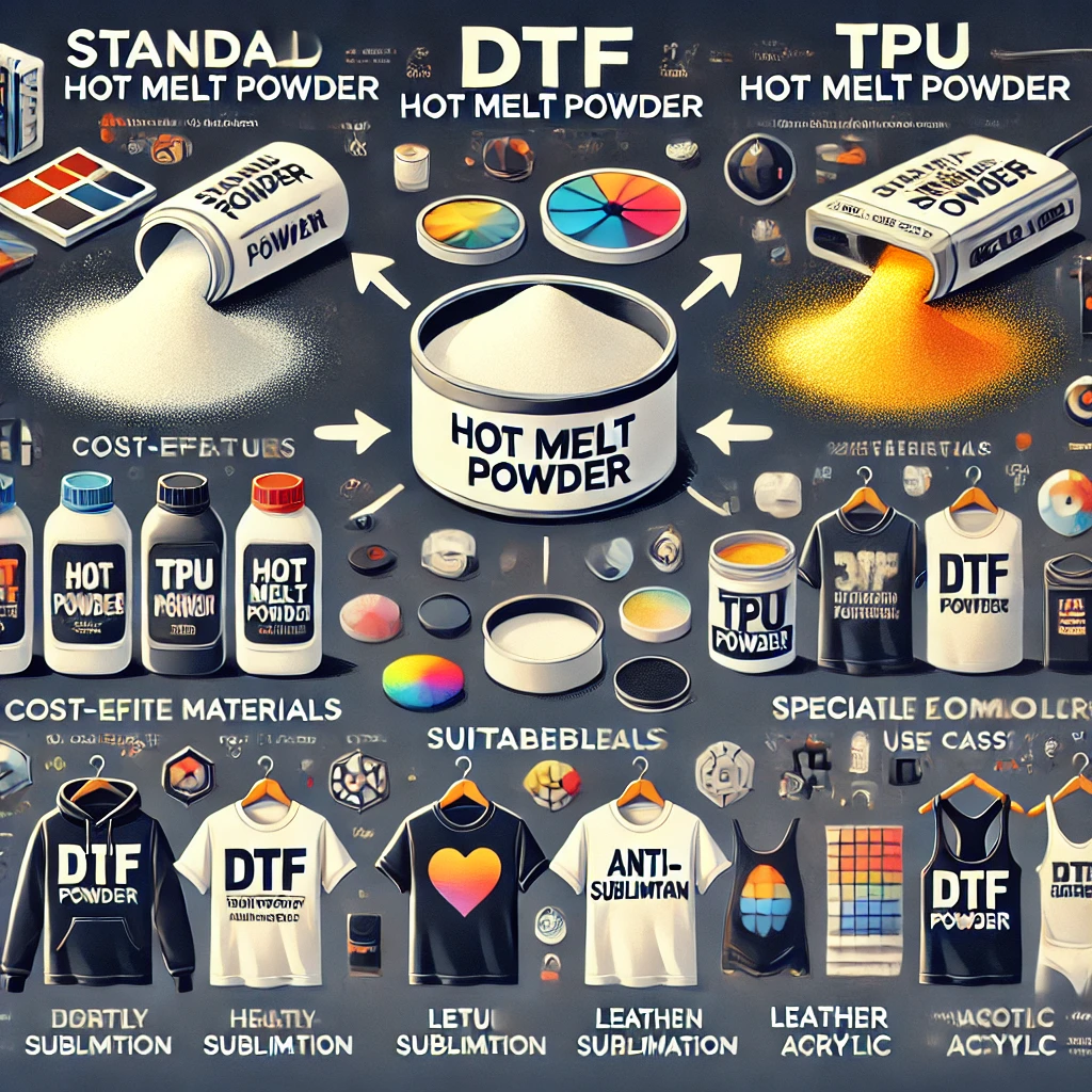 A visual guide to different types of DTF printing powders, including Standard Hot Melt, TPU Hot Melt, Anti-Sublimation, and Specialized DTF powders. The image shows various powders in containers with labels and illustrations of their usage on fabrics like cotton, polyester, and athletic wear. Emphasis is on how each powder type enhances adhesion, color vibrancy, and durability in the printing process