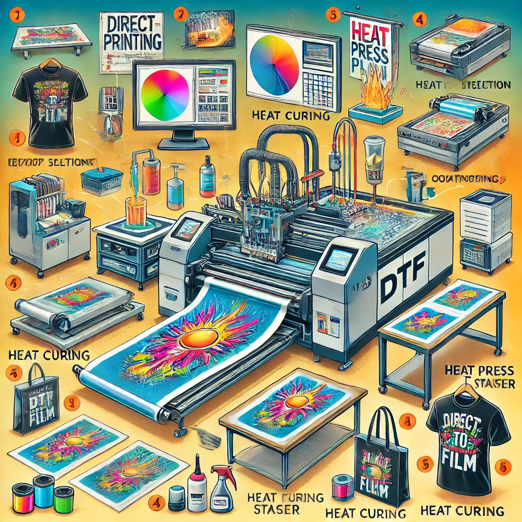 A visual guide to the DTF printing process, showing the stages of printing on PET film, applying hot-melt powder, using a heat press to transfer the print onto fabric, and the final result of a high-quality printed t-shirt. The image also highlights the equipment setup, including DTF printer, powder coating, and heat press machine in action