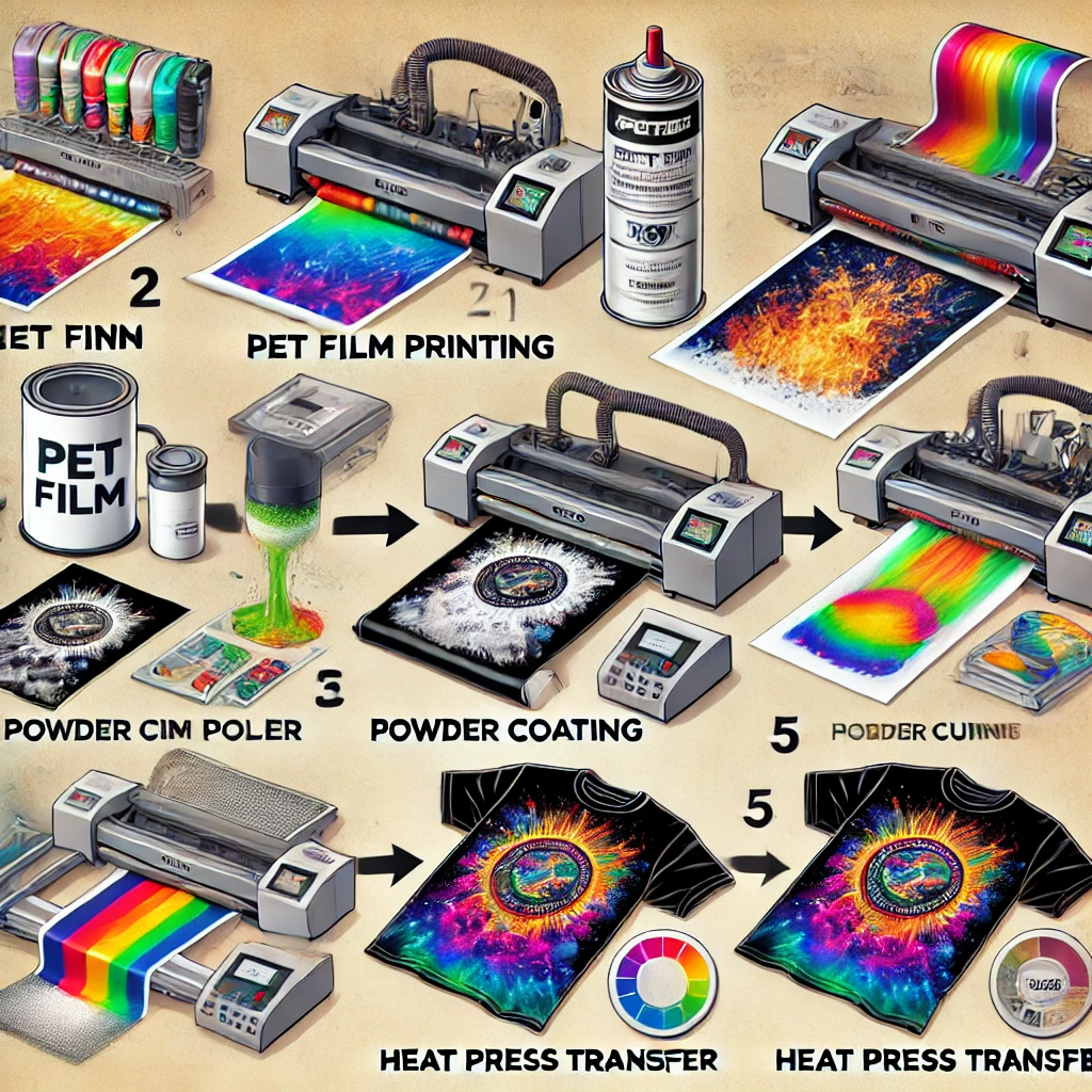 A step-by-step visual representation of the DTF (Direct to Film) printing process: includes printing on PET film, applying hot-melt powder, curing the powder in an oven, heat pressing the design onto a t-shirt, and the final result of a vibrant printed t-shirt. Highlights the key stages of DTF printing including powdering, curing, and transferring designs onto fabric