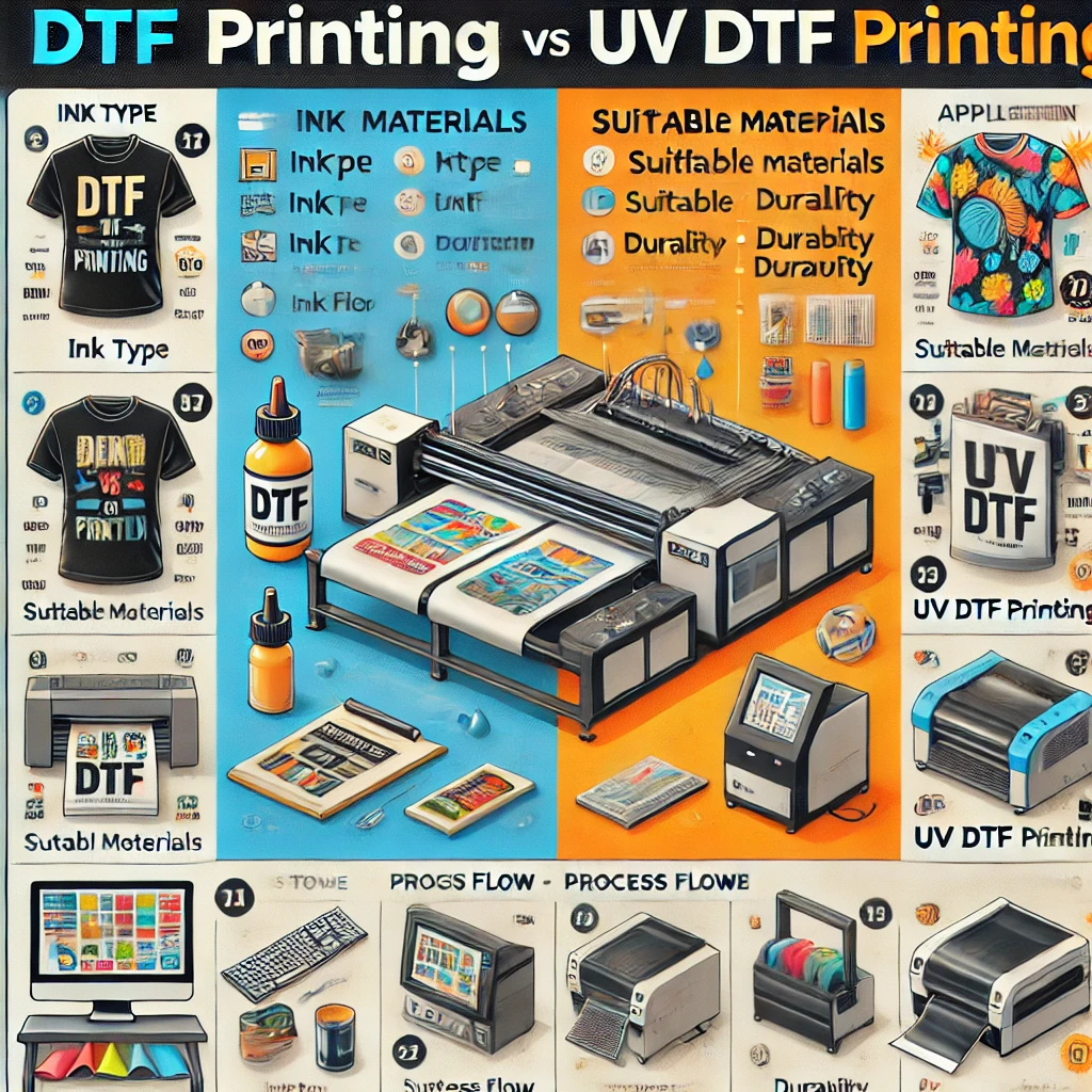 A side-by-side comparison of DTF and UV DTF printing technologies, highlighting key features such as ink type (water-based pigment vs UV-curable), applications (textiles vs hard surfaces), process steps, durability, and cost. The image also includes visuals showing DTF printing on fabrics and UV DTF printing on hard materials like metal, glass, and plastic