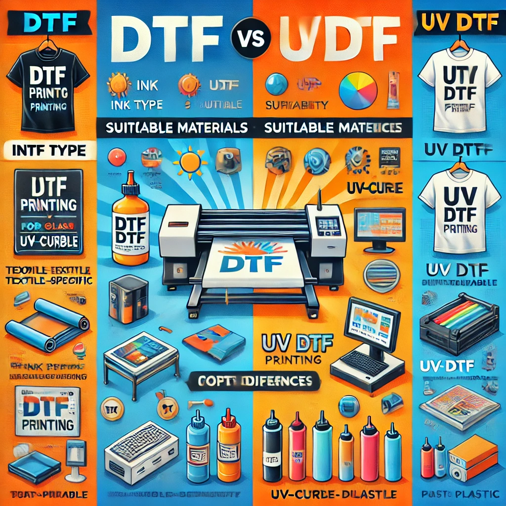 A detailed comparison between DTF and UV DTF printing technologies, showcasing the differences in ink types, printing processes, applications (textiles vs hard surfaces), and durability. The image includes illustrations of DTF prints on fabric and UV DTF prints on materials like metal, glass, and plastic, highlighting their respective advantages and ideal use cases.