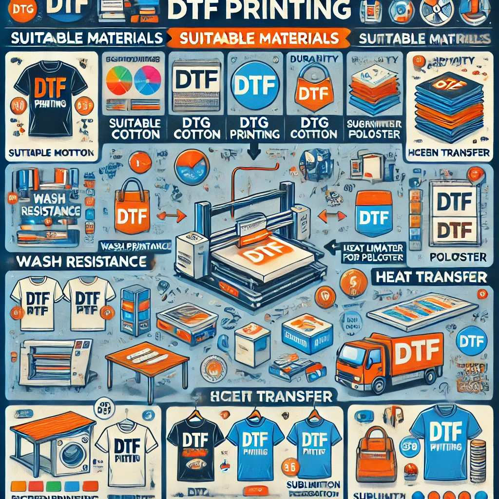 A comparison chart showing the advantages of DTF printing over other printing technologies like DTG, Screen Printing, Heat Transfer Vinyl, and Sublimation. The chart highlights differences in material compatibility, ease of application, durability, cost-effectiveness, and the range of items that can be printed on, with DTF showing superior flexibility, lower costs, and higher durability compared to the others.