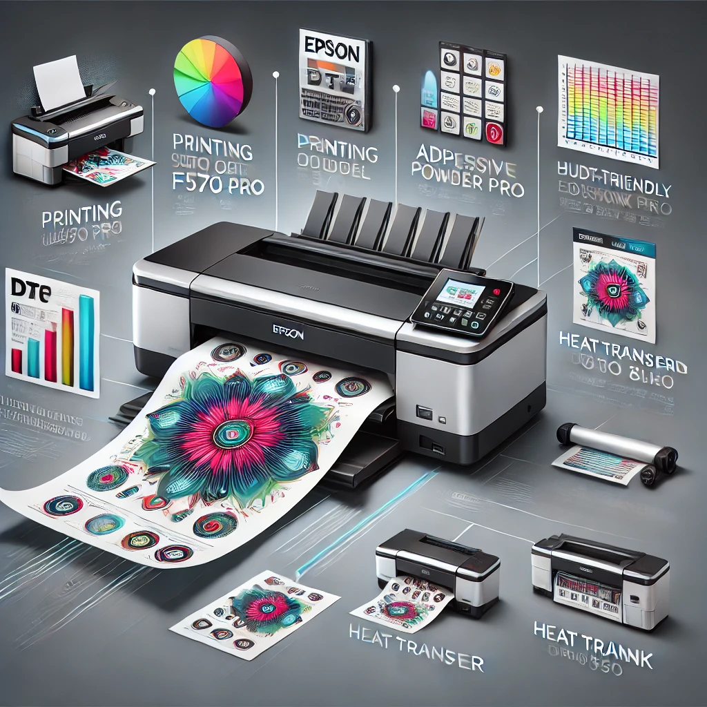 A modern-style image showcasing the best DTF printers for 2025. The central focus is on a high-end Epson SureColor F570 Pro printer producing a vibrant design on transfer film, with icons detailing the DTF printing process steps and a sidebar listing top printer recommendations for different business needs.