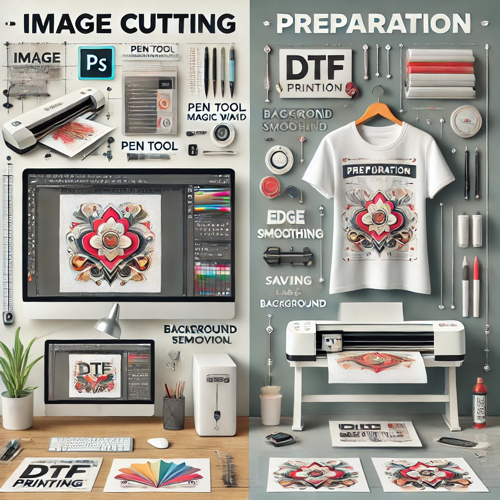 A modern image showcasing the step-by-step process of cutting images for DTF printing, including software tools like Adobe Photoshop and cutting machines like Cricut Maker 3. The right side displays vibrant printed designs on a T-shirt, highlighting the precision and quality achieved with proper preparation.