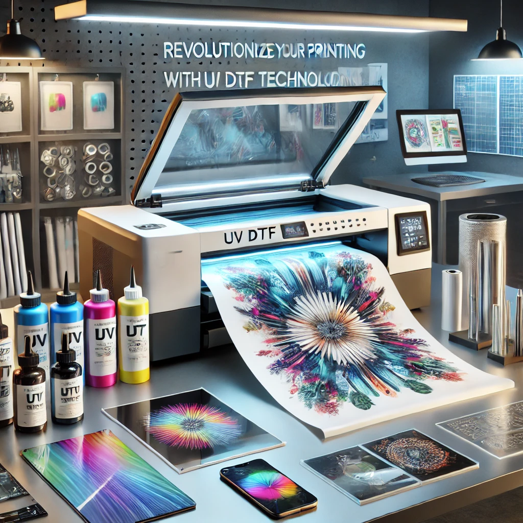 A modern UV DTF printer producing vibrant designs on transparent adhesive film, surrounded by finished products like custom phone cases, glass panels, and metal plaques, highlighting its versatility for small businesses.