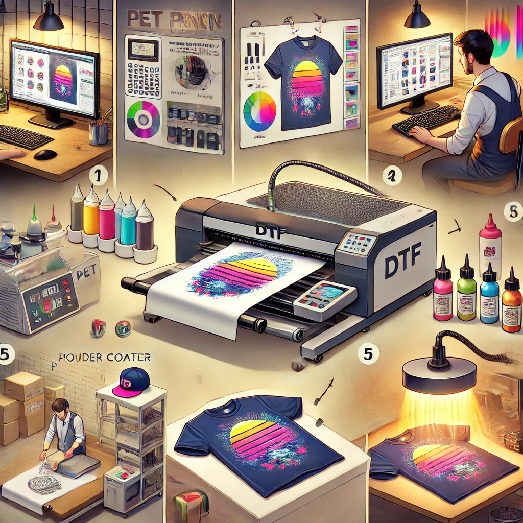 Step-by-step process of DTF transfers, showing the creation of designs, printing on PET film, applying adhesive powder, heat pressing onto fabric, and final custom apparel results.