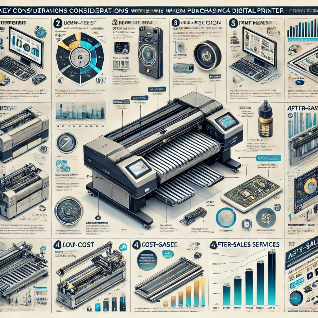 A visual representation comparing different digital printers and factors affecting their price: includes images of printers with varying sizes, components like high-precision rails, and considerations like after-sales service and long-term maintenance. The image highlights the trade-offs between low-cost and high-quality machines, showing the impact on print stability, lifespan, and total cost of ownership.