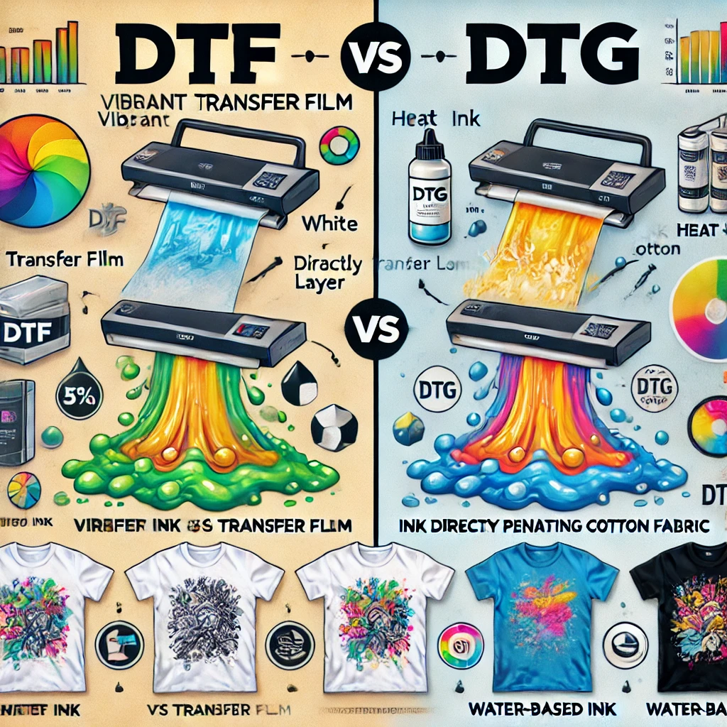 A visual comparison of DTF (Direct-to-Film) ink and DTG (Direct-to-Garment) ink: On the left, DTF ink is shown on transfer film with white ink layers, and on the right, DTG ink is absorbed into cotton fabric. The image highlights the differences in printing process, ink composition, and the resulting print quality on different fabrics. The comparison demonstrates the color saturation and finish differences between the two methods for custom garment printing.