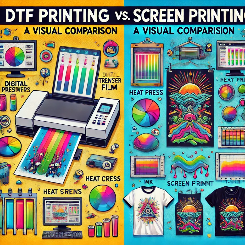 DTF printing vs screen printing comparison: Visual guide showcasing the printing processes of DTF and screen printing, highlighting key differences such as equipment, setup, and final product results.