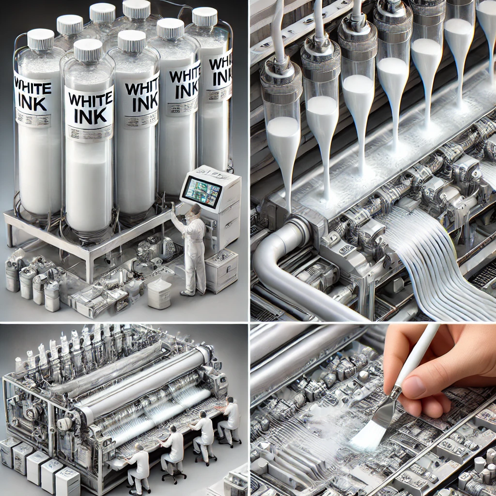 DTF white ink circulation system in a printer, showing ink flowing smoothly from the reservoir through the pump and into the printhead. The image highlights the continuous movement that prevents ink settling, ensures even ink distribution, and prevents clogging, maintaining consistent print quality. The image also includes a close-up of the printhead and maintenance process to keep the system in optimal working condition.