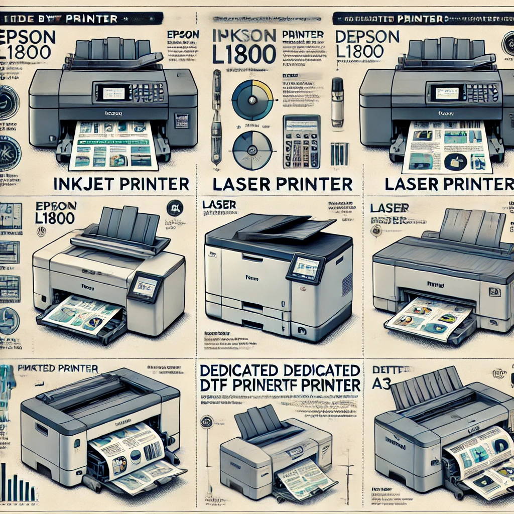 Comparison of different types of DTF printers: Inkjet printers (e.g., Epson L1800), Laser printers, and DTF-specific printers (e.g., PUNEHOD A3). The image highlights the key differences in functionality, print quality, and suitability for different business needs, helping users choose the best printer for their custom printing requirements. Key features such as affordability, speed, and versatility are also showcased.